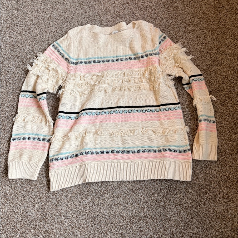 LOFT Multicolor Striped Fringe Sweater